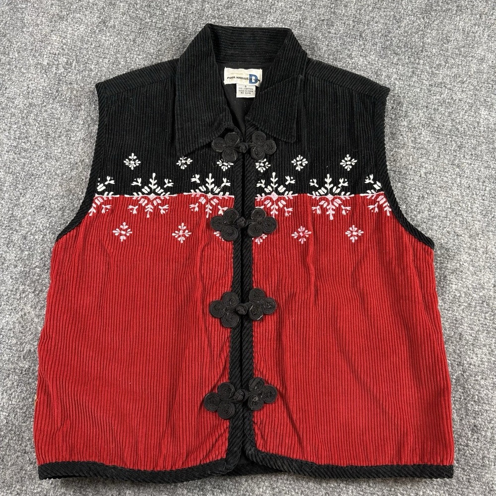 Vintage Y2K Paul Harris Design Vest Women's S Corduroy Frog Closure Embroidered